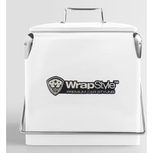 A 13L white metal cooler box with a handle and a logo on the front.