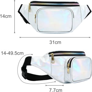 A holographic fanny pack in white, featuring two zippered compartments and adjustable straps.