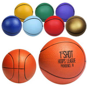 A collection of vibrant stress ball basketballs in orange, blue, green, purple, gold, and red colours, featuring a logo.