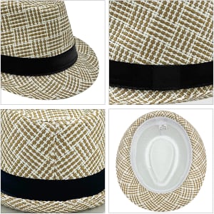 A breathable woven straw hat in tan and white with a black band, featuring a textured pattern and a smooth interior.