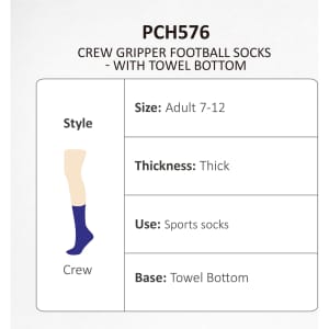 Crew Gripper football socks in navy with a towel bottom feature. Designed for adults, sizes 7-12, and thick in style.