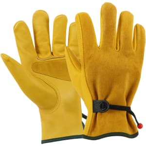 Yellow cowhide gardening gloves with a secure wrist strap and a soft lining, featuring a logo on the wrist.