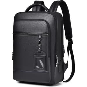 A black polyurethane laptop backpack featuring multiple compartments and a front pocket. It includes a branding logo.