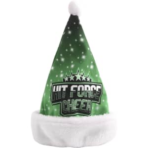 A green premium Santa hat with a white faux fur trim and a logo on the front, featuring a starry design.