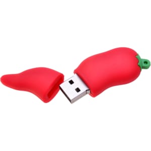 A red chilli-shaped flash drive with a removable top, featuring a green stem detail. It has a logo on the side.