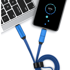 A blue 3-in-1 charging cable connects a laptop to a mobile phone displaying a charging status.