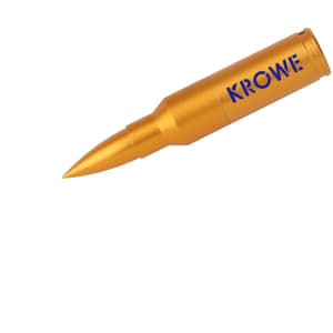 A golden bullet-shaped flash drive with a pointed tip and a branding logo.