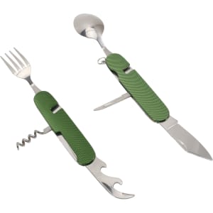 A green camping cutlery tool featuring a fork, spoon, knife, bottle opener, and corkscrew, with a textured grip.