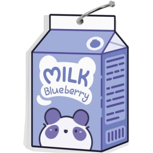 A set of custom-shaped index cards featuring a purple milk carton design with a panda illustration and a ring for binding.