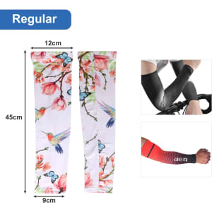 A pair of Ice Silk Arm Sleeves, featuring floral patterns and vibrant colours, alongside solid black and red designs.