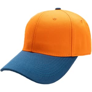 A 6 panel adjustable baseball cap in bright orange and blue, featuring a logo on the front.