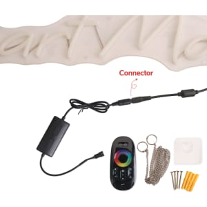 A multi-program neon LED sign with a remote control, connector, and mounting accessories in a range of colours.