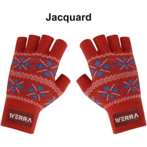 Red jacquard fingerless gloves with blue snowflake patterns and a logo on the wrist.