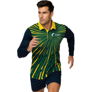 A man wearing a long-sleeved polo shirt with a green and yellow design, featuring a logo on the chest.