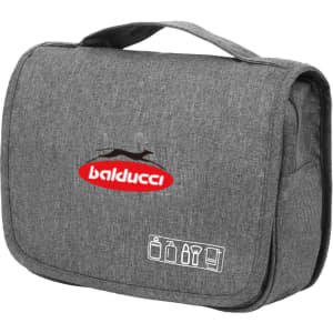 A grey travel hanging toiletry bag featuring a carry handle and a logo, designed for storage and organisation of toiletries.
