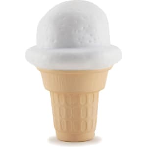 A stress reliever shaped like an ice cream cone with a white scoop and a beige waffle cone. It has a logo on it.