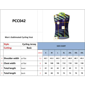 Men's sublimated cycling vest in blue and green, featuring a design with a logo and a detailed size chart.