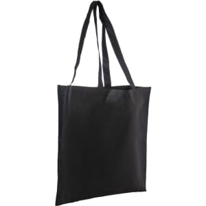 A black non-woven long handle bag with a V gusset, featuring two sturdy handles and a simple design.