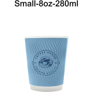 A blue corrugated paper cup with a logo, suitable for beverages, featuring a double wall design.