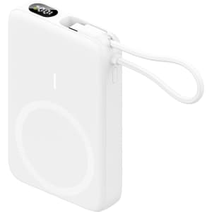 A white 10,000mAh magnetic wireless power bank with a charging cable and a small strap. It features a logo.