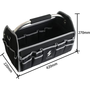 A black tool carrier bag with grey accents, featuring multiple pockets and a metal handle.