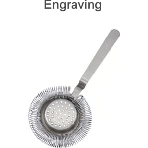 A stainless steel round cocktail strainer with a long handle and perforated bowl, featuring a branding logo.