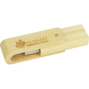 A wooden flash drive in natural colour with a sliding cap design and a logo engraved on the surface.