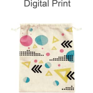 A cotton linen drawstring bag featuring a digital print with colourful geometric shapes in pink, blue, and black.