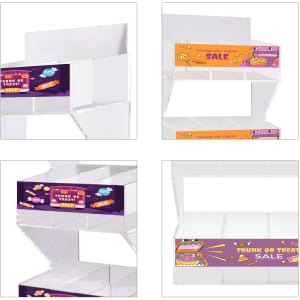 A custom acrylic display featuring three levels with colourful, vibrant designs and assorted logos.
