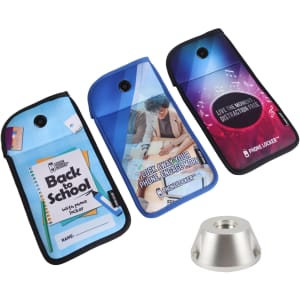 Three lockable phone pouches in blue and black, featuring different designs and a silver base stand.