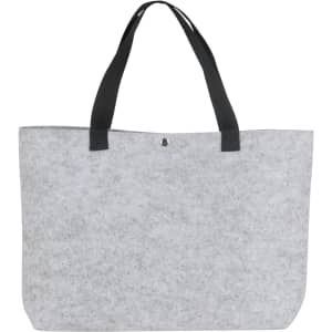 A grey felt shopping bag with black handles, featuring a simple design and a small fastening detail.