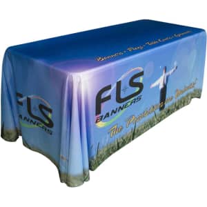 A four-sided tablecloth featuring a blue gradient and a logo on a 4ft table. The design includes a grassy edge.