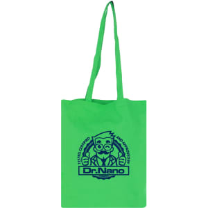 A bright green cotton tote bag with long handles features a logo in blue.