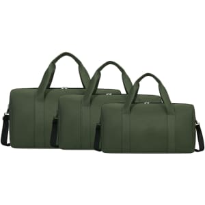 A set of three durable duffle bags in a dark green shade, featuring sturdy handles and a detachable shoulder strap.