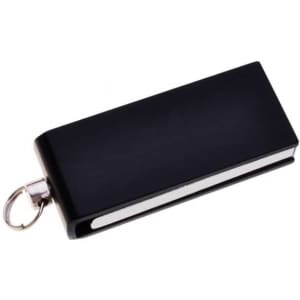 A black mini flash drive with a silver clip, featuring a sleek design and a ring for easy attachment.