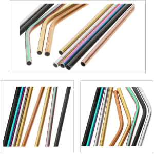 A collection of stainless steel straws in various colours, including gold, copper, black, and rainbow finishes.