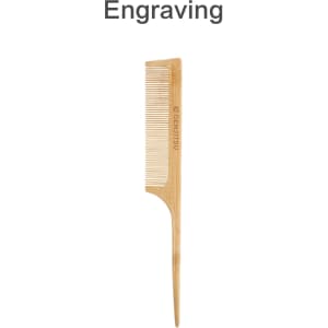 A bamboo rat tail comb with a pointed end and fine teeth, featuring an engraved logo.
