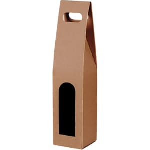 A drink bottle packaging in a brown, eco-friendly cardboard box with a handle and a transparent window.