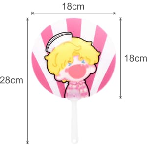 A pink transparent PVC hand fan featuring a cartoon character with blonde hair and a white sailor hat. Dimensions: 18cm x 28cm.