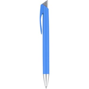A blue plastic pen with a silver tip and a clip, featuring a logo.