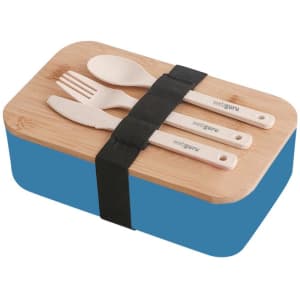 A blue lunch box with a bamboo cover, secured with a black strap, containing wooden cutlery.