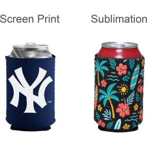A drink bottle holder in navy with a logo on the left and a colourful tropical design on the right.