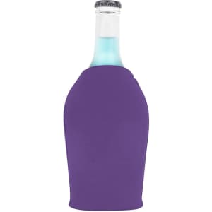 A drink bottle cooler in vibrant purple with a zipper, designed to fit standard drink bottles.