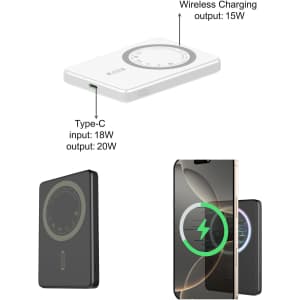 A magnetic wireless power bank in black and white with a Type-C input and wireless charging features.