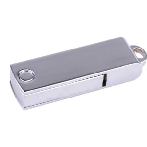 A silver flash drive with a sleek design, featuring a metallic finish and a circular attachment hole.