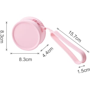 A round pink silicone coin pouch with a zipper, featuring a wrist strap and clear measurements.