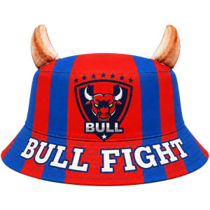 A red and blue bucket hat featuring animal ears, with a logo on the front and the words "BULL FIGHT."