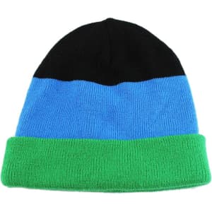 A knitted beanie featuring black, blue, and green horizontal stripes, with a logo on the side.