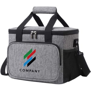 A grey cooler bag with a handle, zip closure, and a mesh side pocket. It has a logo on the front.