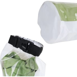 A 2L dry bag with a transparent PVC window, featuring a black strap and khaki interior. It includes a logo.